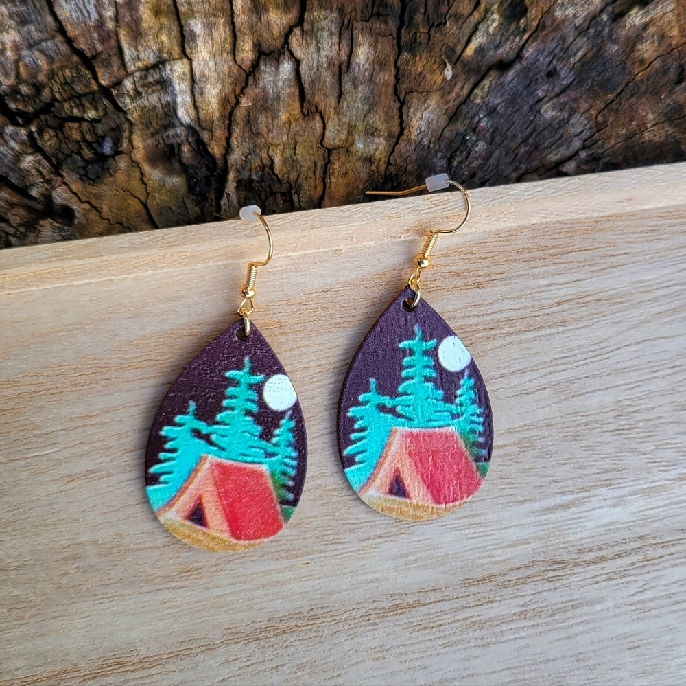 Stamped Camping Forest Cottage Wood Earrings